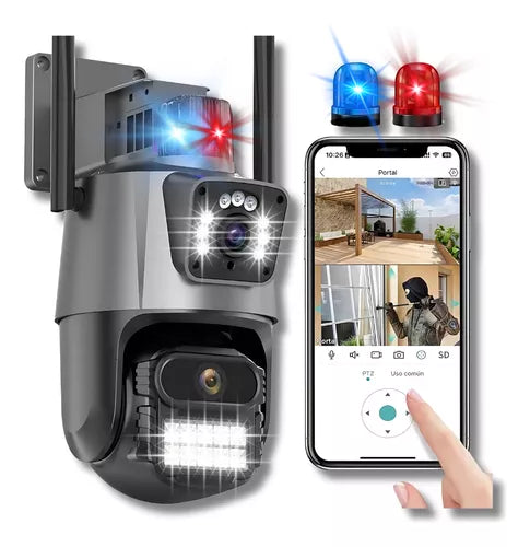 🔐 Cámara de Seguridad con Sirena y Doble Lente – Protección Inteligente para tu Hogar o Negocio